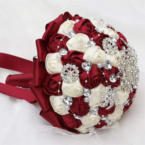 Vista 4 de Ramo de broche de 7 pulgadas, ramo de boda para dama de honor, rosa satinada, perlas artificiales, cintas de satén hechas a medida, ramo floral