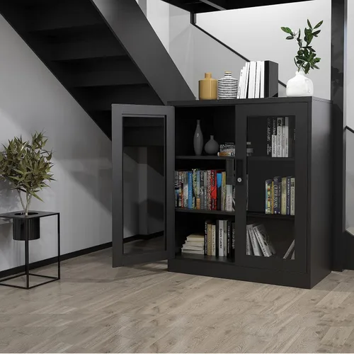 Vista 4 de Letaya Armario de almacenamiento, armario de acero de 36 pulgadas, puerta de vidrio con cerradura, 2 estantes organizadores ajustables para archivos