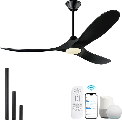 Vista 11 de Ventilador de techo inteligente negro de 52 pulgadas con luces, ventilador de techo para exteriores para patio, ventilador de techo de 3 aspas