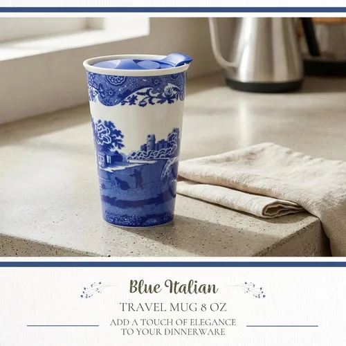 Vista 3 de Spode Taza de viaje de porcelana italiana azul de 8 onzas con tapa – Vaso con estampado escénico con borde decorativo – Taza de café de cerámica
