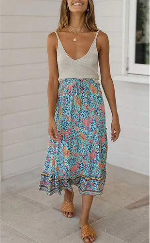 Vista 2 de SimpleFun Falda larga de cintura alta elástica con estampado floral bohemio para mujer con bolsillos