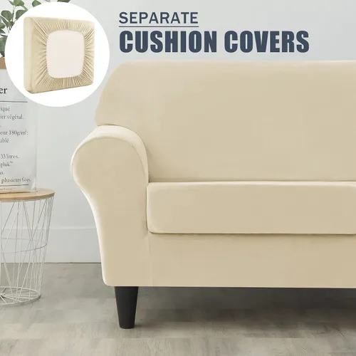 Vista 3 de Fundas de sofá de terciopelo suave, funda elástica para sofá de 3 cojines, protector de muebles grueso, beige, talla S