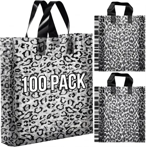 Vista 10 de Woanger 100 bolsas de compras de leopardo de plástico con estampado de guepardo, bolsa de regalo de leopardo para pequeñas empresas, fiesta de Marrón