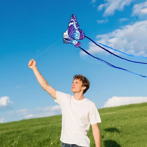 Vista 6 de Cometa de mariposa grande para adultos y niños de 4 a 8 años y 8 a 12 años, fácil de volar, cometa de una sola línea de 55 x 28 pulgadas