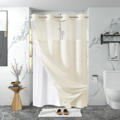 Vista 17 de eachope stall no Hook - Cortina de ducha mechonada con juego de forro a presión, forro interior de tela impermeable blanca, cortina de ducha