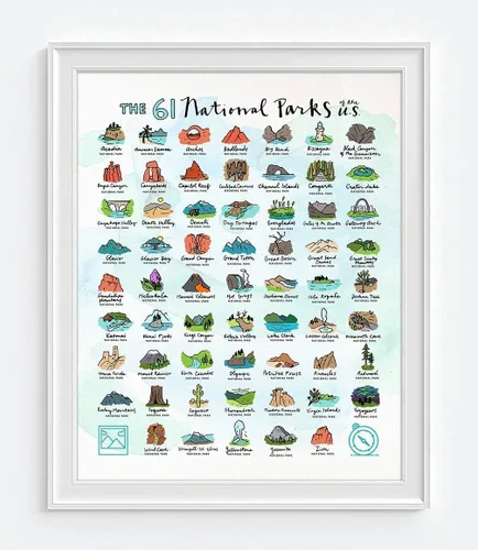 Vista 2 de Póster artístico de The 61 National Parks of the USA, sin marco, para decoración de pared, regalo inspirador de aventura, 8 x 10 pulgadas