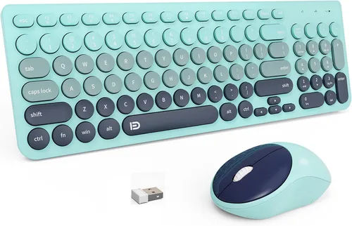 Vista 13 de FD Combo de teclado y mouse inalámbricos, bonito teclado y mouse coloridos con teclado retro inalámbrico de 2.4 GHz, apagado automático, receptor