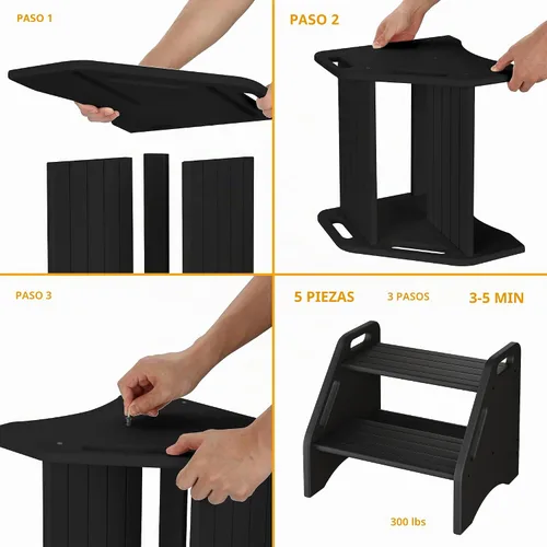 Vista 7 de AMBIRD Taburete de madera – Capacidad de dos pasos de 300 libras con almohadillas antideslizantes de seguridad y asas, bambú para baño, cocina Negro