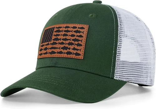 Vista 13 de Sombrero de camionero con bandera de pez estadounidense, regalos de pesca para hombres, sombrero de pesca Snapback perfecto para pesca y uso diario