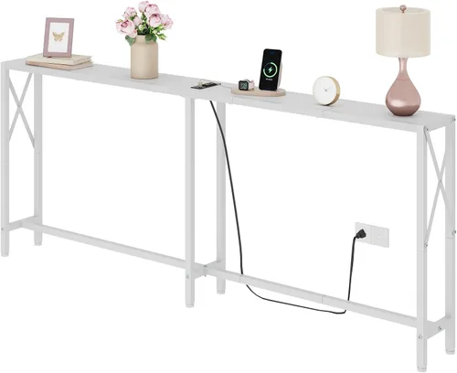 Vista 14 de Gewudraw - Mesa de sofá estrecha de 55.1", mesa consola con tomas de corriente y puertos USB, mesa de entrada, mesa de sofá industrial para pasillo