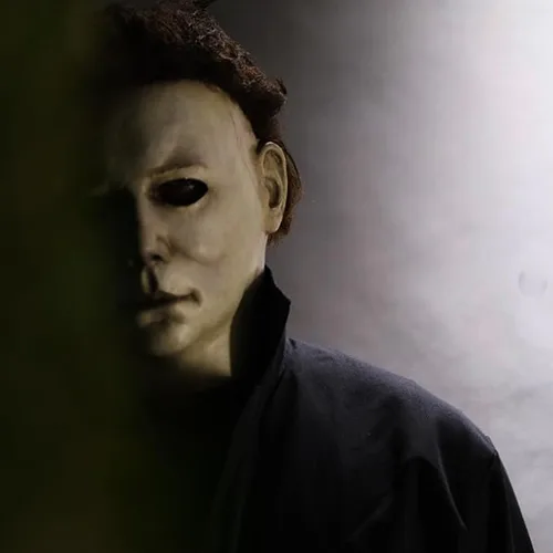 Vista 5 de Máscara de terror de Halloween, máscara de látex blanco de lujo de cabeza completa con cabello negro, accesorio de disfraz