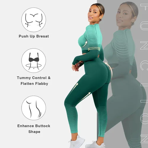 Vista 5 de FeelinGirl Conjuntos de entrenamiento para mujer, 2 piezas, manga larga, trajes de yoga, gimnasio, sin costuras, acanalados, cintura alta, leggings
