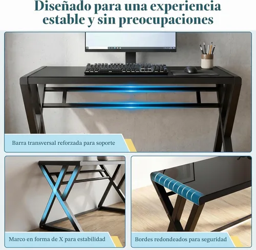 Vista 5 de SAMERY Escritorio para computadora, escritorio de oficina en casa, 55.1 pulgadas, moderno y simple, escritorio de vidrio negro, mesa de computadora
