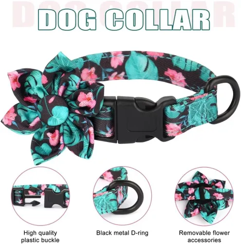 Vista 3 de Beirui Collares, arneses y correas lindas para perritas, juego de collar y correa ajustable con flores - Chaleco de malla suave para perritos y Verde
