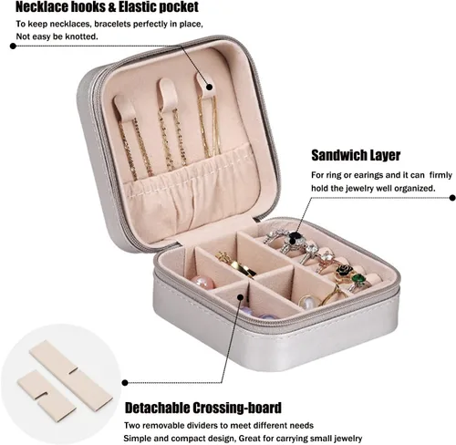 Vista 2 de MODENGKONGJIAN Mini estuche de viaje para joyería, caja organizadora de joyas de viaje de piel sintética, pequeño soporte portátil