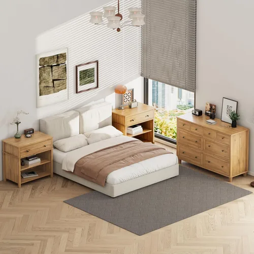 Vista 8 de Cómoda de madera con 8 cajones de 56.3 pulgadas de ancho, cómoda de almacenamiento grande para dormitorio, sala de estar, pasillo, entrada Roble