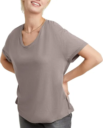 Vista 7 de Hanes Camiseta de manga corta con cuello en V para mujer con borde crudo, 100% algodón Negro