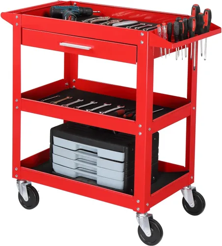 Vista 8 de TUFFIOM - Carrito de herramientas rodante de 2 niveles, carrito de servicio industrial con ruedas con 2 frenos, carrito utilitario de acero