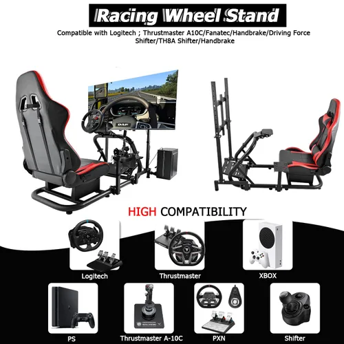 Vista 3 de Minneer Immersive Drive Fly Simulator Cockpit with Red Seat and TV Stand Fit for LogitechThrustmasterFanatec G29G920T248 Racing Wheel Stand(Wheel