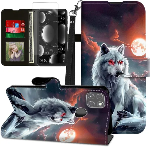 Vista 279 de Funda para Motorola Edge 2022 con protector de pantalla, soporte y tarjetero y correa para la muñeca, funda magnética para Moto Edge 2022 5G UW Lobo