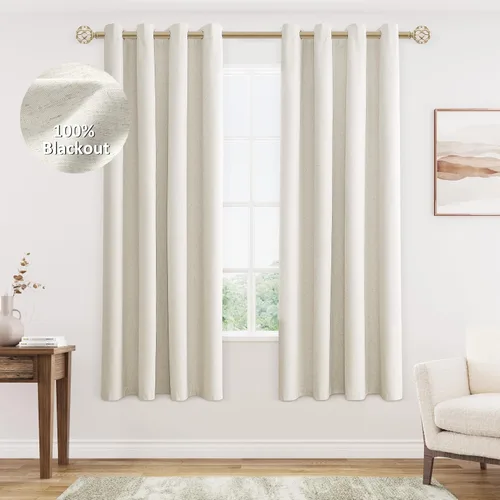 Vista 34 de Beige White Linen Blackout Curtains 90 Length 2 Panels Set for Living Room Bedroom, 100% Black Out Thermal Insulated Linen Drapes, Room Darkening