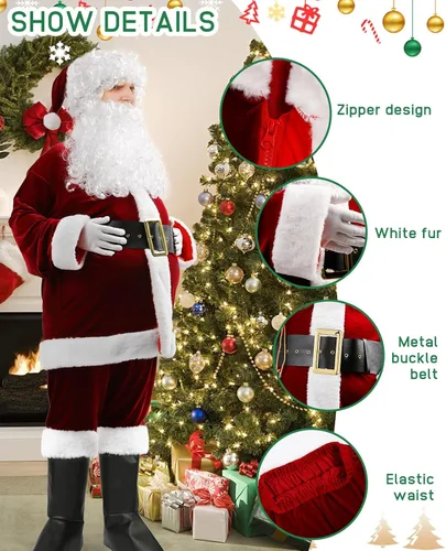 Vista 3 de Disfraz de Papá Noel para hombre, disfraz de Santa Claus de lujo, traje de Papá Noel de terciopelo para adultos y hombres, traje de Santa