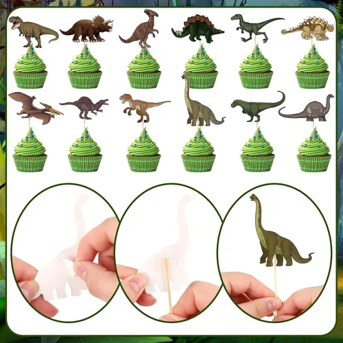 Vista 3 de 48 piezas de decoración de cupcakes de dinosaurio rugido dinosaurio decoración de pastel de cumpleaños para temática de dinosaurio, suministros