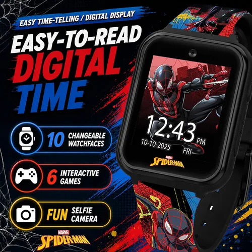 Vista 3 de Reloj inteligente Marvel Spider-Man para niños: características divertidas con cámara, grabadora de voz, rastreador de pasos y juegos, Multicolor
