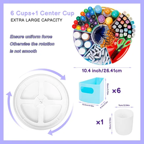 Vista 4 de CraftGenes Organizador de Suministros de Arte, Portálápices Extra Grande de 360° con 7 Compartimentos Removibles para Niños, Organizador