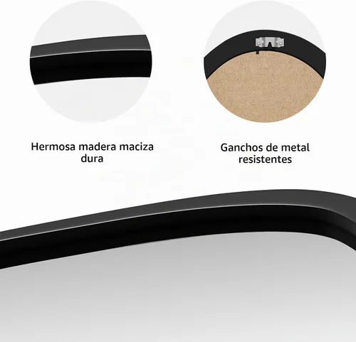 Vista 7 de Espejo de pared irregular de 22.5" x 17.5", espejo con marco de madera negra, espejo de pared asimétrico para sala de estar, dormitorio, baño Negro
