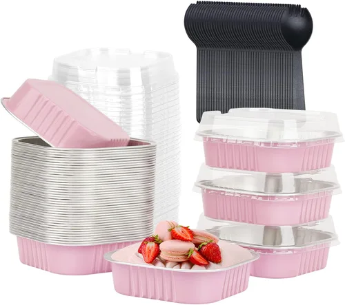 Vista 14 de LNYZQUS Moldes para Mini Pasteles de Cupcake de 5 oz con Tapas, Paquete de 40, Moldes de Papel de Aluminio para Cupcakes, Moldes para Hornear
