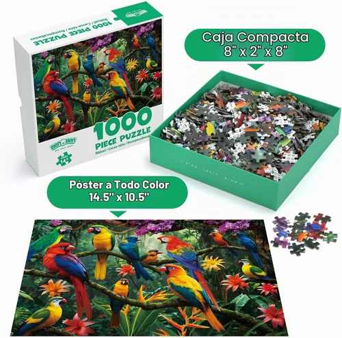 Vista 6 de BenBen - Rompecabezas de 1000 piezas para adultos, loros de la selva, espalda estampada