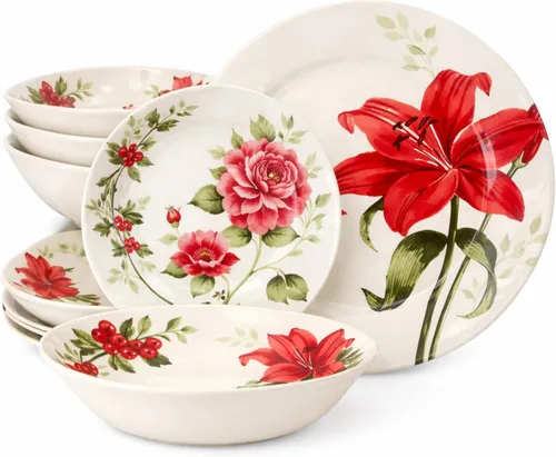 Vista 12 de Tudor Royal - Juego de vajilla redonda de porcelana de 12 piezas, servicio para 4, diseño botánico, flores de verano, platos, cuencos, brillante