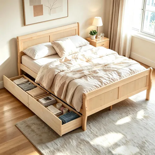 Vista 15 de KOMFOTT Cama individual con 2 cajones, cama de almacenamiento individual con cabecera y estribo, marco de cama de madera de trineo con soporte