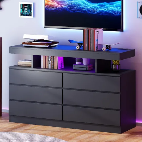 Vista 6 de BEWISHOME Cómoda negra para dormitorio con estación de carga y luces LED, cómoda de 6 cajones, cómodas de madera para armario, cómodas modernas