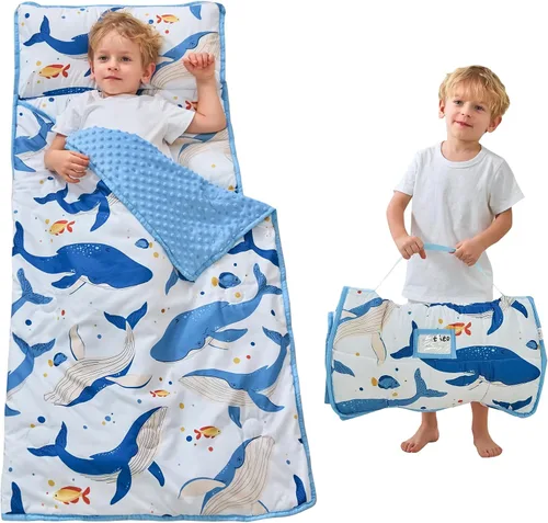 Vista 8 de Lasoftan Tapete para siesta para niños con almohada y manta, tapetes enrollados extra grandes para siestas, bolsas de dormir para niños y niñas
