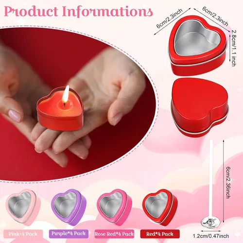 Vista 2 de Nuanchu 24 moldes de velas vacías para el día de San Valentín, latas de metal en forma de corazón rojo de 2 onzas con tapas de ventana