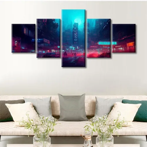 Vista 366 de Cuadros de 5 paneles de Cyberpunk City, arte de pared, representación de vallas publicitarias, edificios modernos en la capital con obras de arte