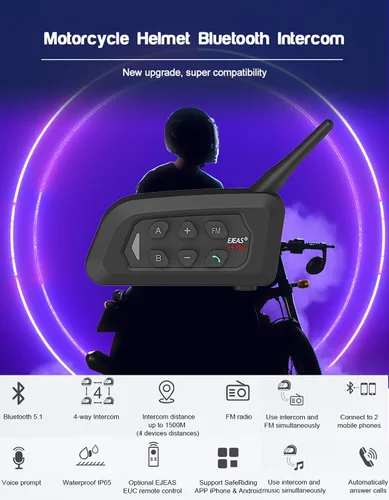Vista 9 de V4 Plus Motorcycle Bluetooth Helmet Intercom Headset, 4 Rides Group Communication System for Motorcycling Soccer Referees Skiing ATV/Off Road