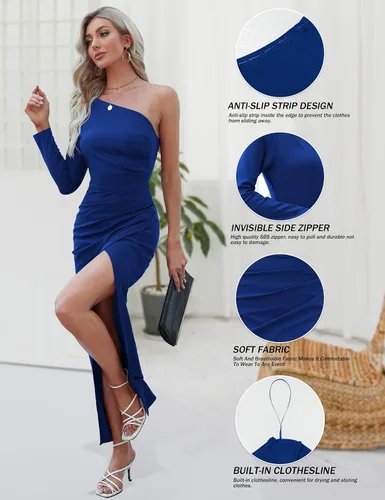 Vista 4 de Sarin Mathews Vestidos de cóctel de manga larga con un hombro para mujer, sexy, entallado, fruncido, con abertura, vestido largo formal para fiesta