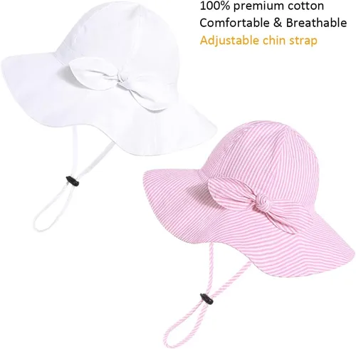Vista 14 de Sombrero de sol para bebé niña con UPF 50+ sombrero de playa ajustable para exteriores con ala ancha