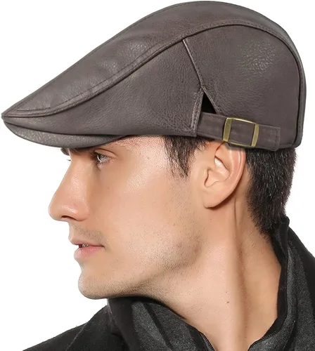 Vista 2 de Panegy Sombrero de periódico para hombre, gorra plana de piel sintética, sombrero de boina ajustable, sombrero de hiedra para conducir golf al aire
