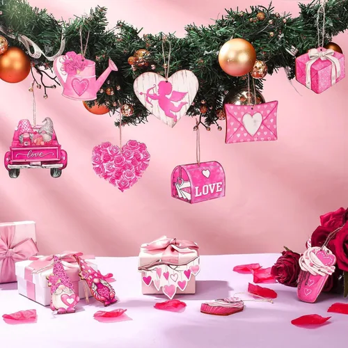 Vista 2 de 24 adornos colgantes rosados de San Valentín – Sobre de corazón para tartas de autos, regalos de rociadores enanos para decoración del día de San