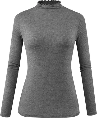 Vista 16 de POPZONE - Camiseta de manga larga con cuello alto falso, ajustada, de punto acanalado con ribete de lechuga para mujer
