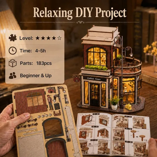 Vista 5 de Kit de rincón de libros de cafetería, rompecabezas de madera 3D para adultos con luces LED, decoración de casa de muñecas para escritorio