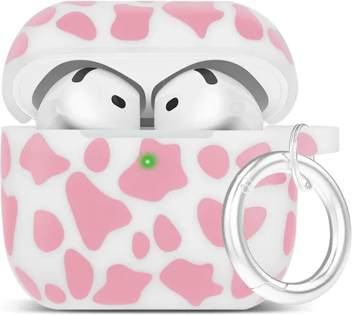 Vista 29 de LitoDream - Funda de silicona suave y flexible con llavero para Apple AirPods 2 y 1, para niñas (vaca; blanco con cactus)