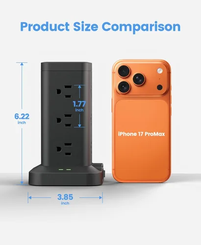 Vista 2 de Torre de regleta de alimentación con protector de sobretensiones de 1800J, torre de carga rápida PD20W puertos USB-C con 12 salidas de CA, cable