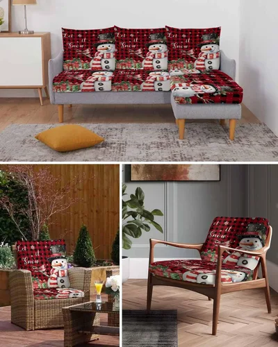 Vista 7 de Fundas de cojín para sofá de Navidad, funda elástica para sofá con parte inferior elástica, diseño de muñeco de nieve, pájaros, invierno, copos