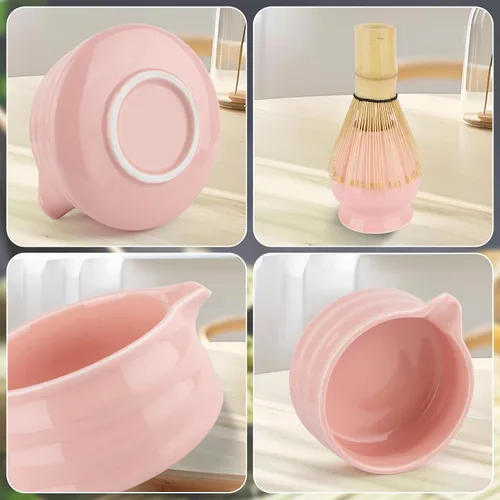Vista 5 de [Usado] Juego de té Matcha de 7 piezas – Kit completo japonés Matcha con cuenco de cerámica, batidor y soporte de bambú, cuchara y reposo, tamiz