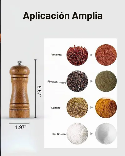 Vista 5 de Molinillo de pimienta, molinillo de sal de madera con grosor ajustable, 5 pulgadas de alto, molinillo de pimienta manual recargable de madera
